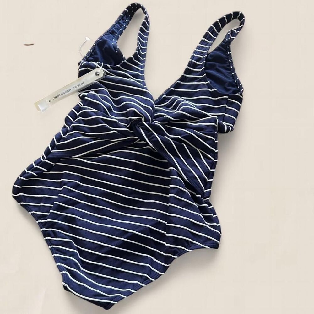 Jonathan Simkhai navy striped Plunging one piece swimsuit Size Medium NWT - Picture 3 of 7